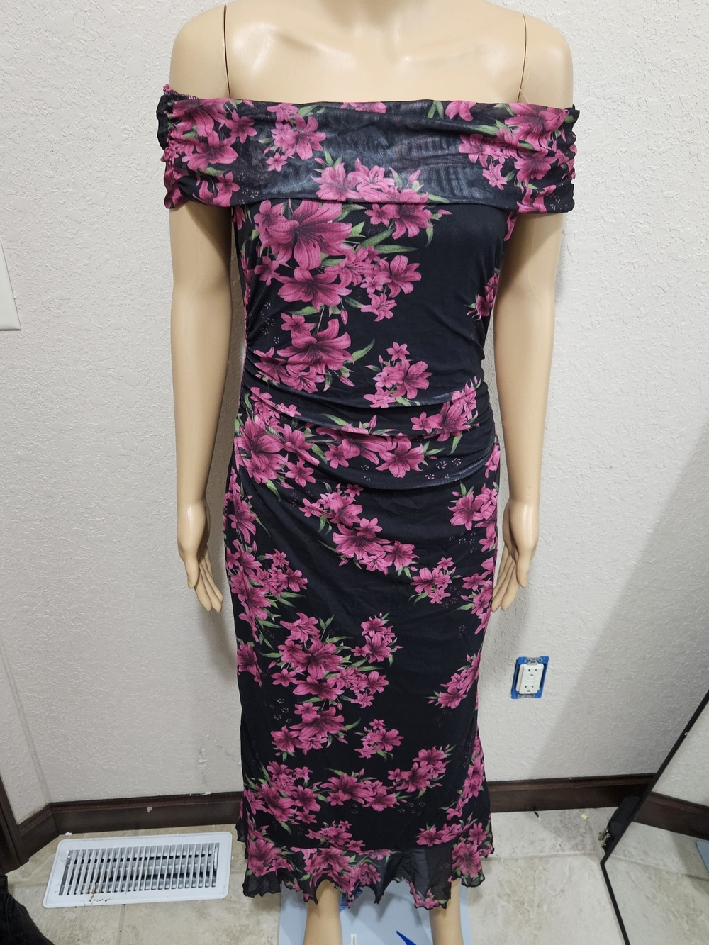 Off-Shoulder Black Dress with Pink Floral Print